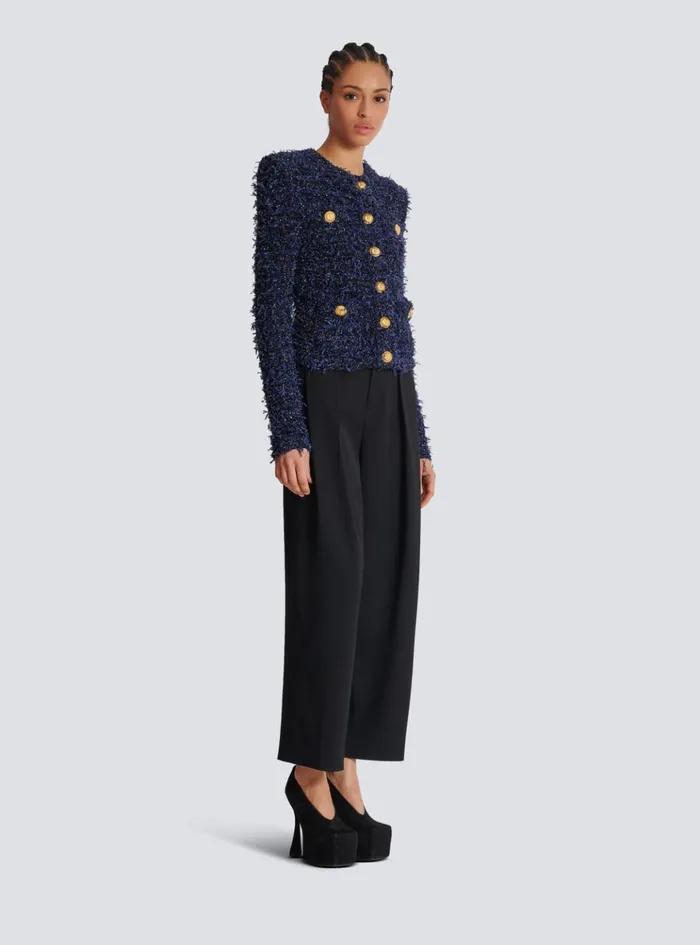Cropped Tweed Knit Jacket Navy Women Balmain Jackets And Blazers