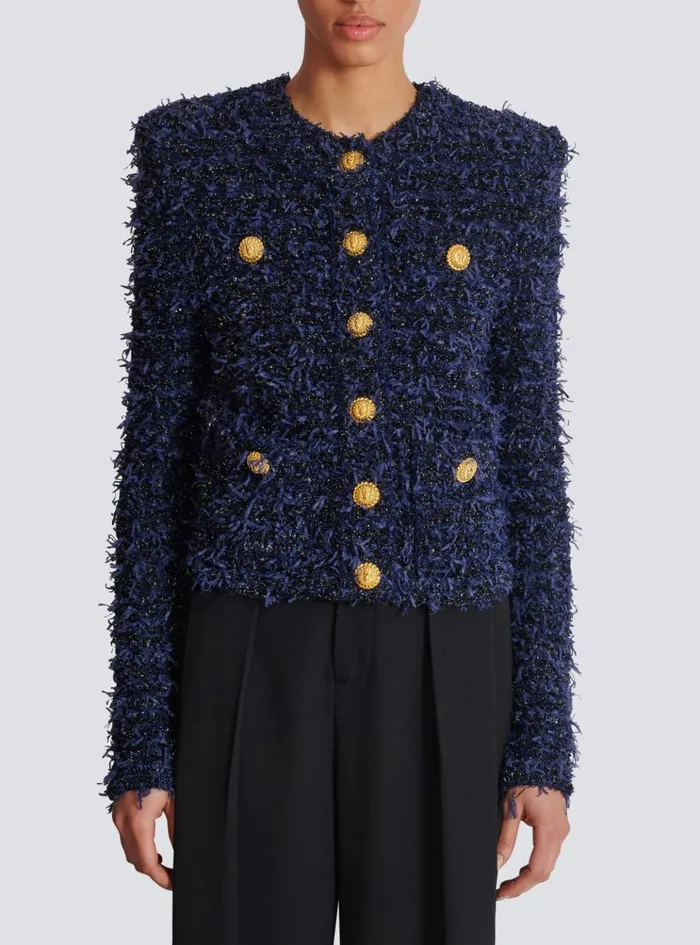 Cropped Tweed Knit Jacket Navy Women Balmain Jackets And Blazers