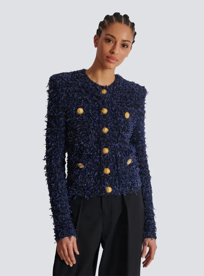 Cropped Tweed Knit Jacket Navy Women Balmain Jackets And Blazers