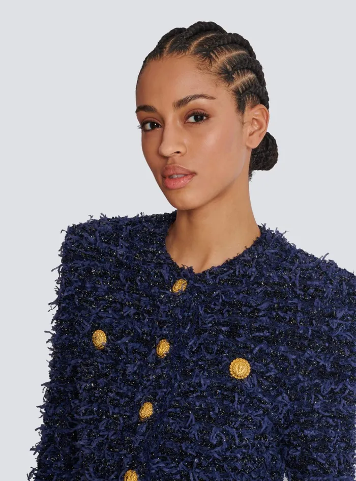 Cropped Tweed Knit Jacket Navy Women Balmain Jackets And Blazers