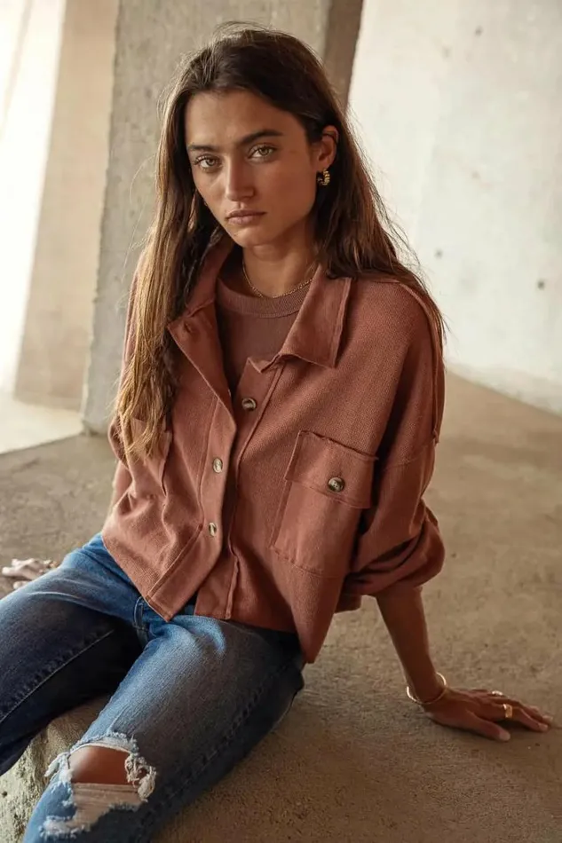 Cropped Waffle Knit Top In Rust Rust Women Bohme Tops
