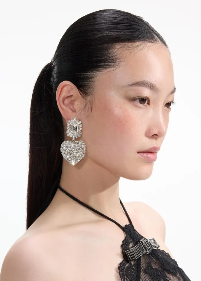 Crystal Heart Tiered Earrings Women Self Portrait Jewellery Crystal Heart Tiered Earrings Women Self Portrait Jewellery