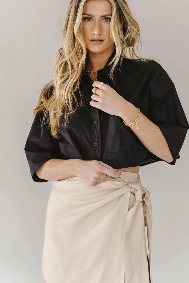 Cyrus Cropped Button Up In Black 8211 FINAL SALE Black Women Bohme Tops