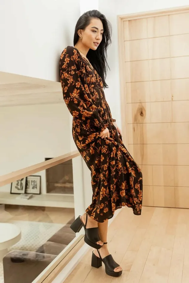 Dahlia Floral Midi Dress Black Women Bohme Dresses