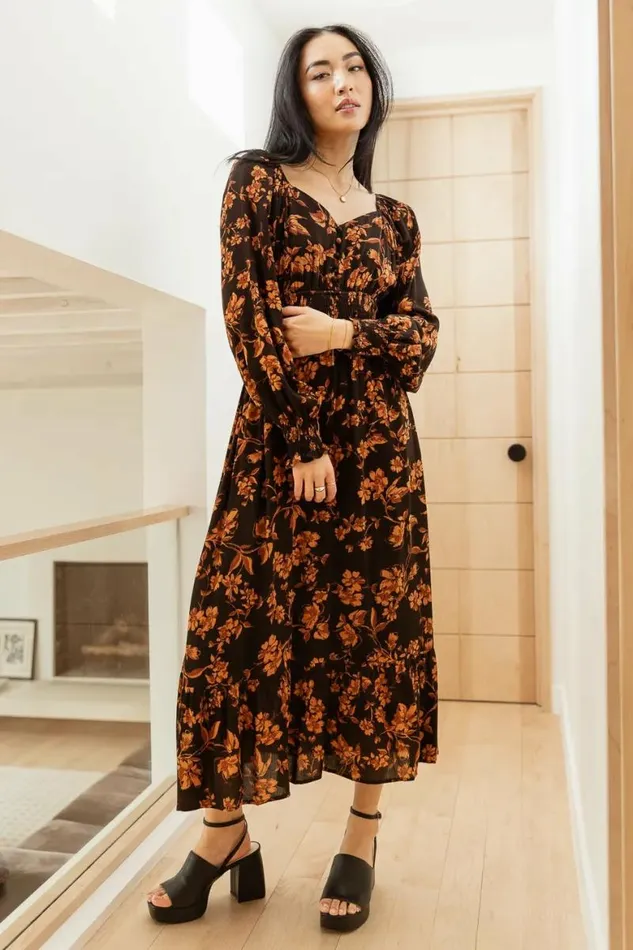 Dahlia Floral Midi Dress Black Women Bohme Dresses