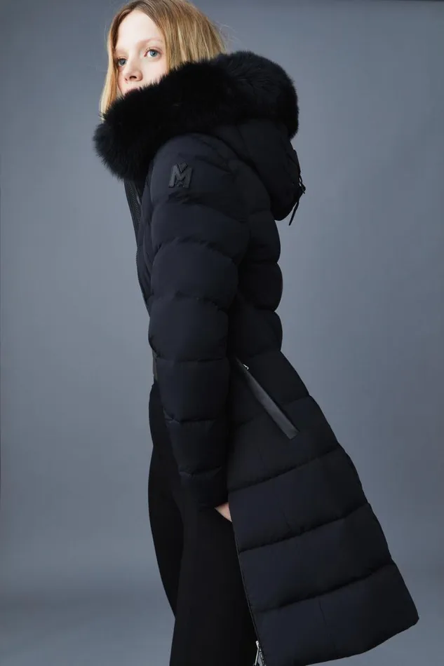Downs and Jackets Women Mackage CALLA Agile360 Stretch Light Down Coat With Blue Fox Fur Collar Trench
