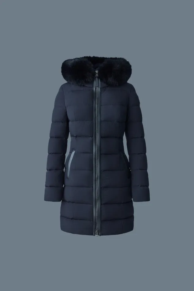 Downs and Jackets Women Mackage CALLA Agile360 Stretch Light Down Coat With Blue Fox Fur Collar Trench