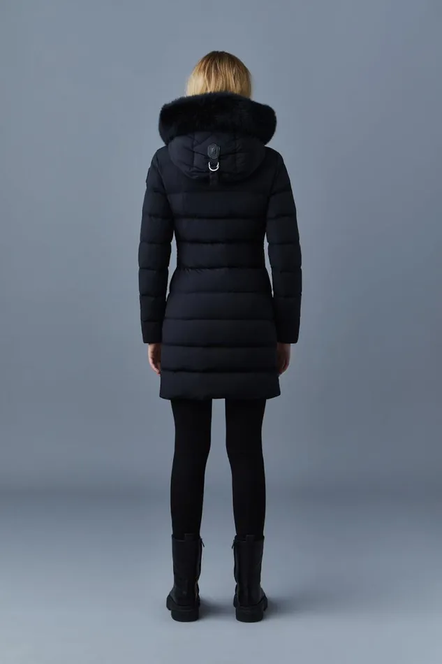 Downs and Jackets Women Mackage CALLA Agile360 Stretch Light Down Coat With Blue Fox Fur Collar Trench