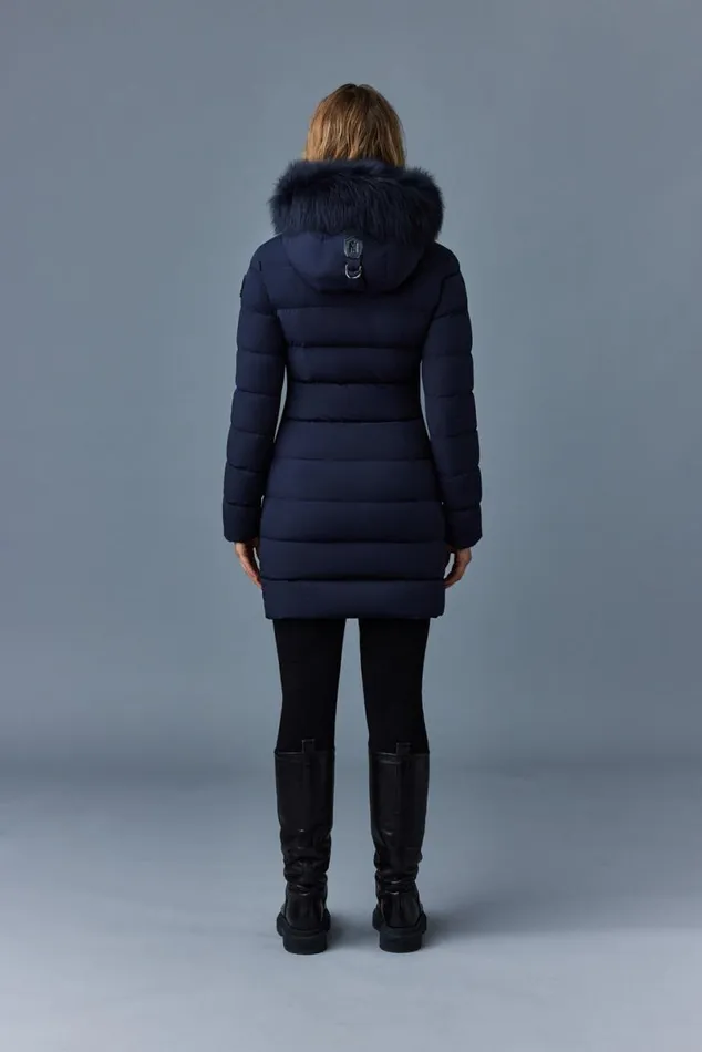 Downs and Jackets Women Mackage CALLA Agile360 Stretch Light Down Coat With Blue Fox Fur Collar Trench
