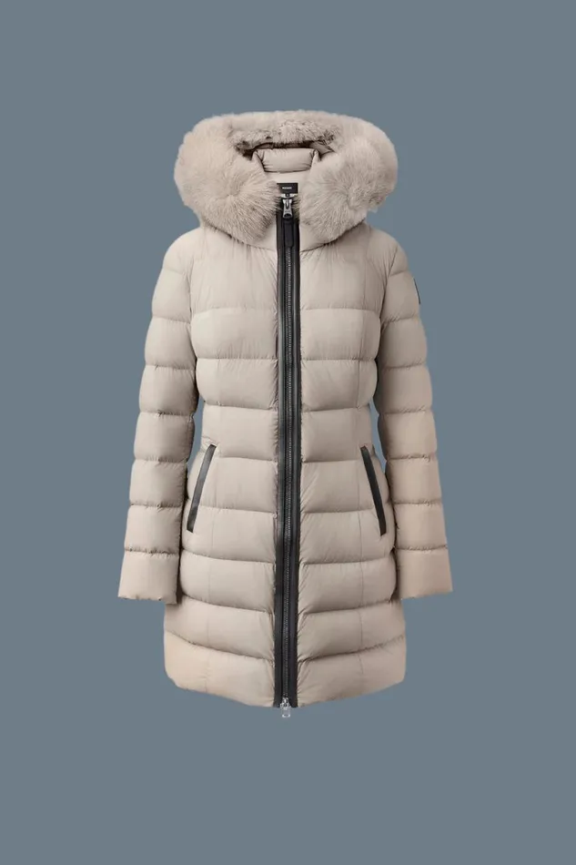 Downs and Jackets Women Mackage CALLA Agile360 Stretch Light Down Coat With Blue Fox Fur Collar Trench