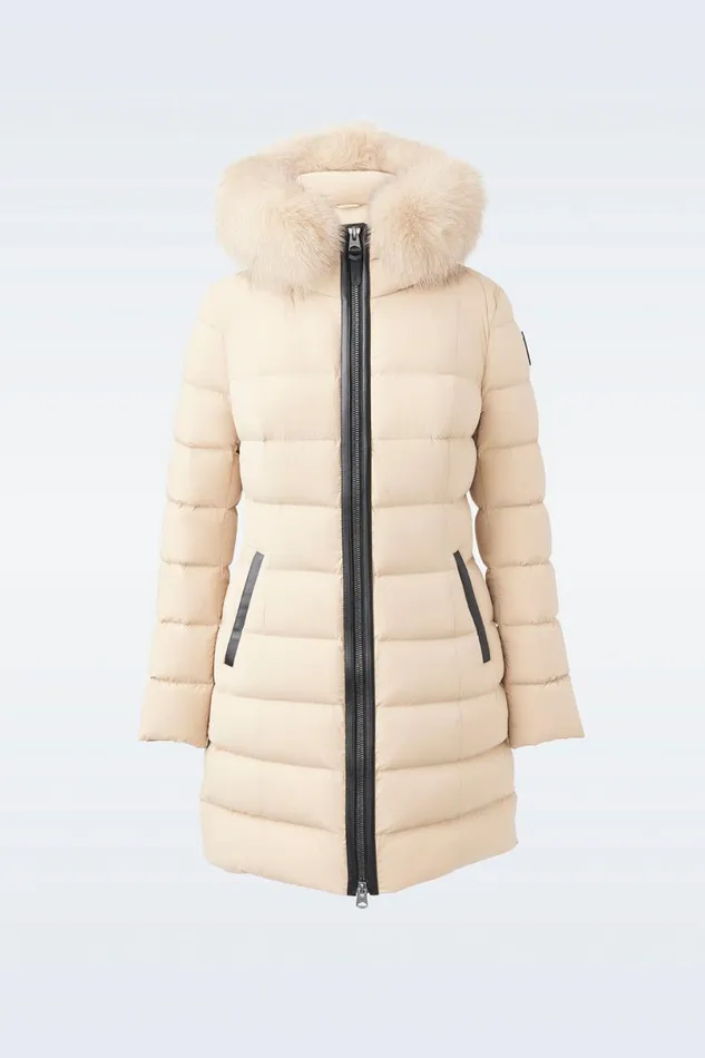 Downs and Jackets Women Mackage CALLA Agile360 Stretch Light Down Coat With Blue Fox Fur Collar Trench