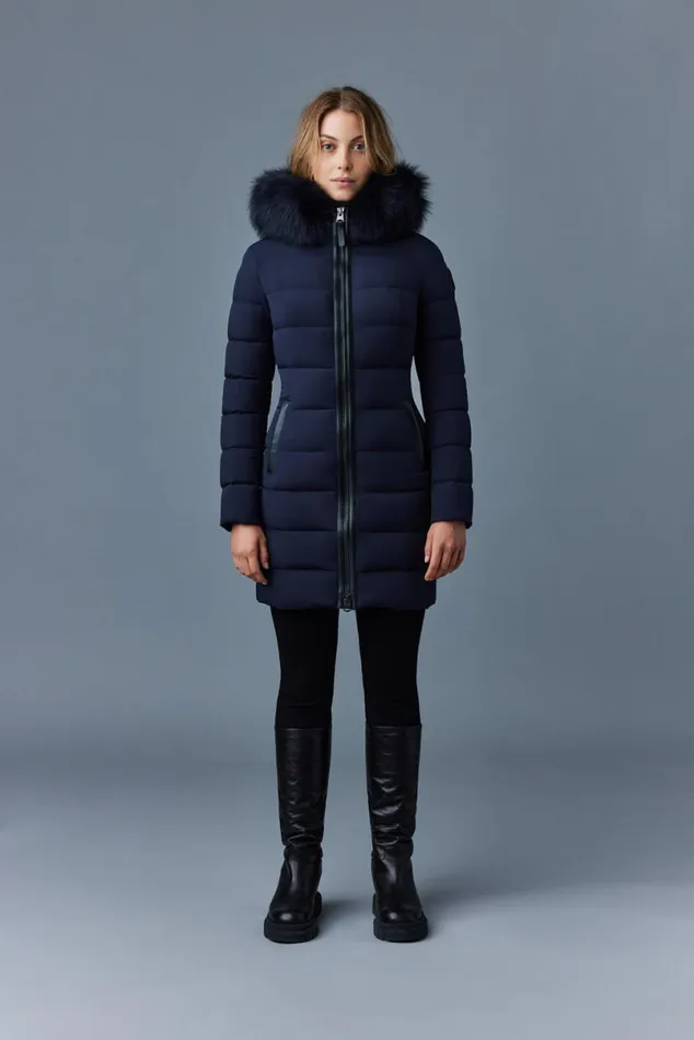 Downs and Jackets Women Mackage CALLA Agile360 Stretch Light Down Coat With Blue Fox Fur Collar Trench