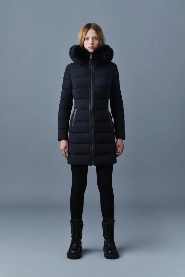 Downs and Jackets Women Mackage CALLA Agile360 Stretch Light Down Coat With Blue Fox Fur Collar Trench