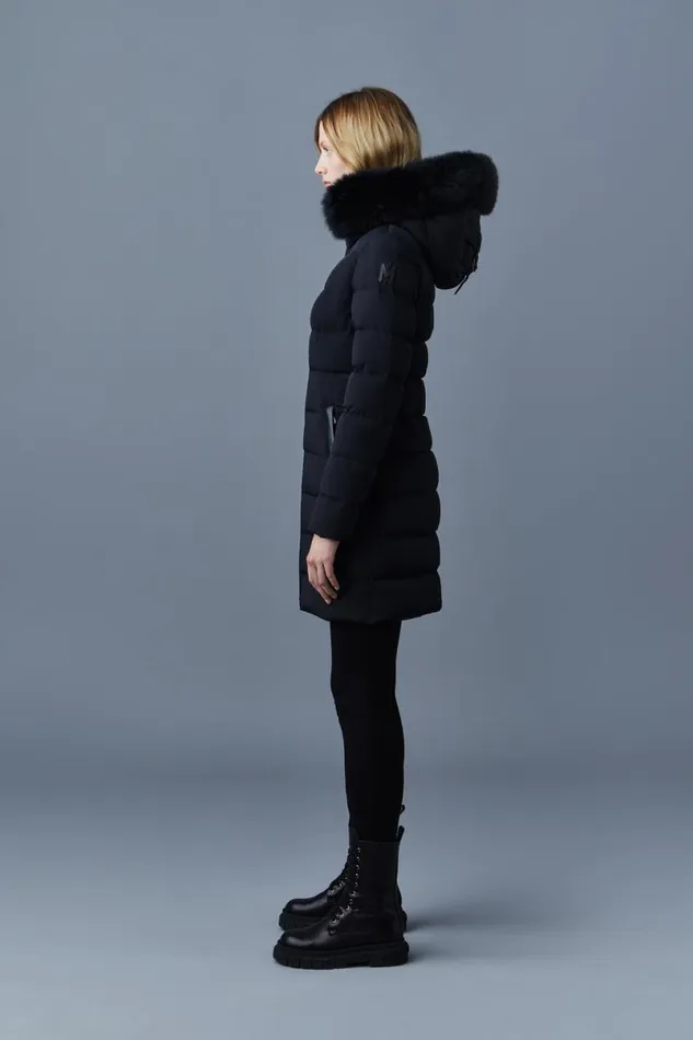 Downs and Jackets Women Mackage CALLA Agile360 Stretch Light Down Coat With Blue Fox Fur Collar Trench