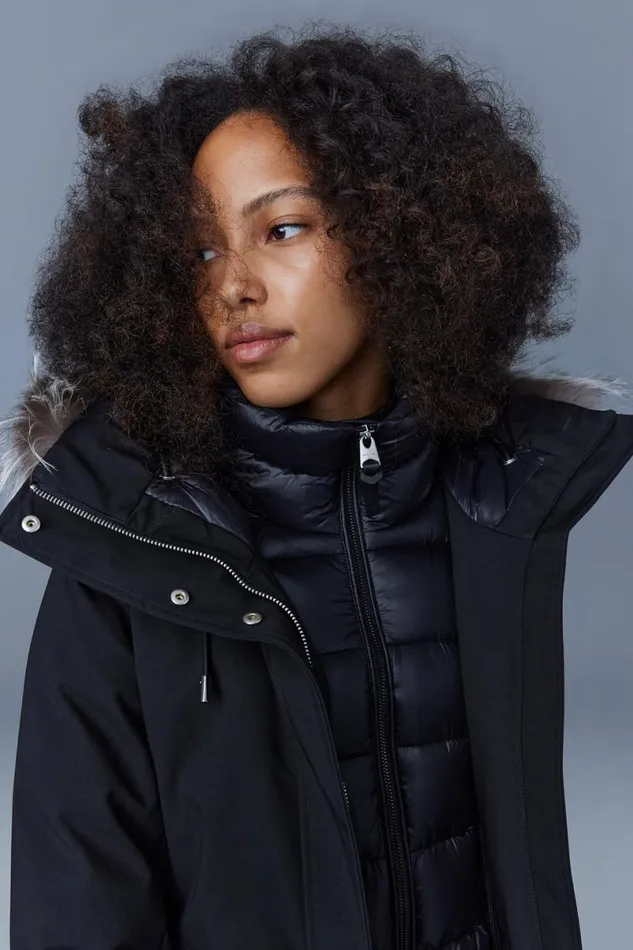 Downs and Jackets Women Mackage SHILOH 2in1 Fitted Down Coat With Removable Bib And Silver Fox Fur Black