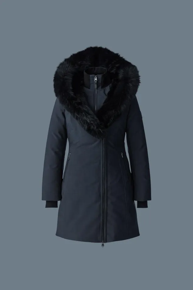 Downs and Jackets Women Mackage TRISH Powder Touch Down Coat With Blue Fox Fur Signature Mackage Collar Black