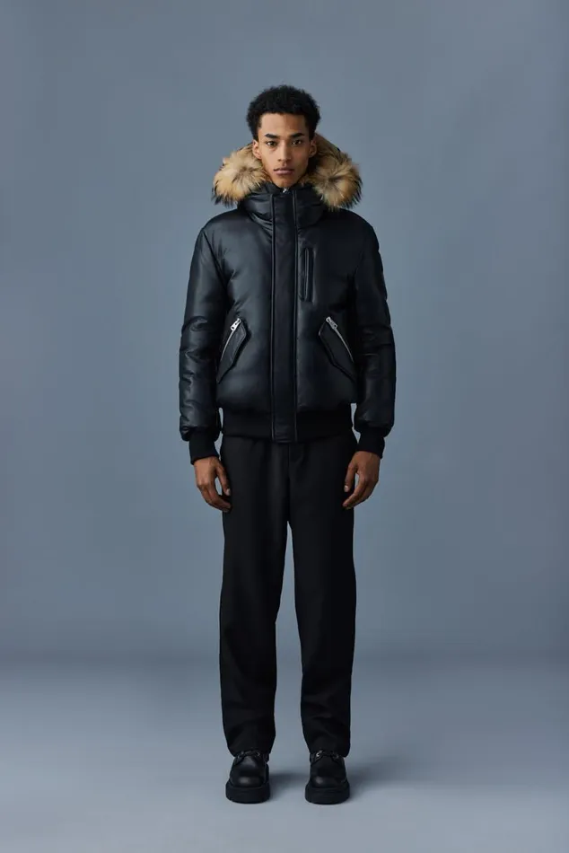 Downs and Parkas Men Mackage GLEN 2in1 r Leather Bomber Jacket With Hooded Bib and Natural Fur Black