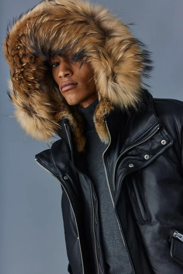 Downs and Parkas Men Mackage GLEN 2in1 r Leather Bomber Jacket With Hooded Bib and Natural Fur Black
