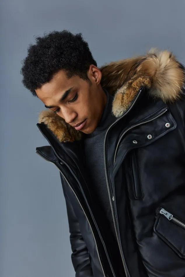 Downs and Parkas Men Mackage GLEN 2in1 r Leather Bomber Jacket With Hooded Bib and Natural Fur Black