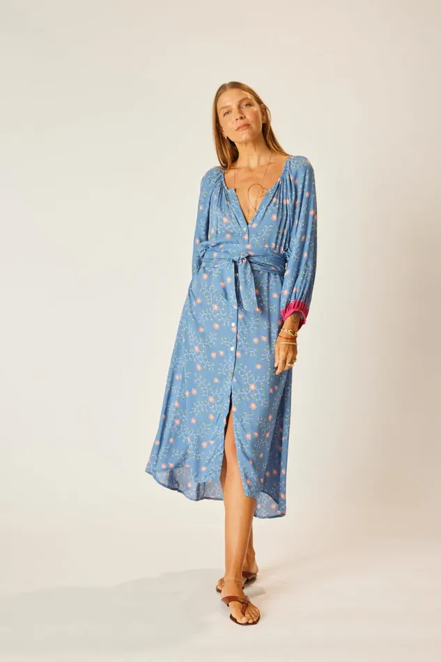 Dresses Shop Natalie Martin ALEX MIDI DRESS WITH SASH Pinwheel Denim