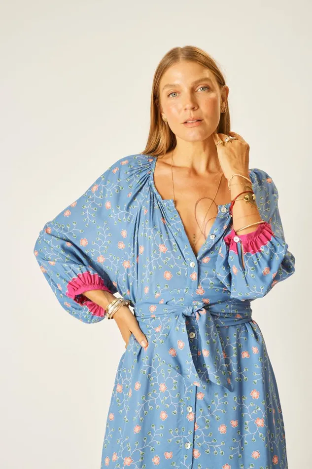 Dresses Shop Natalie Martin ALEX MIDI DRESS WITH SASH Pinwheel Denim