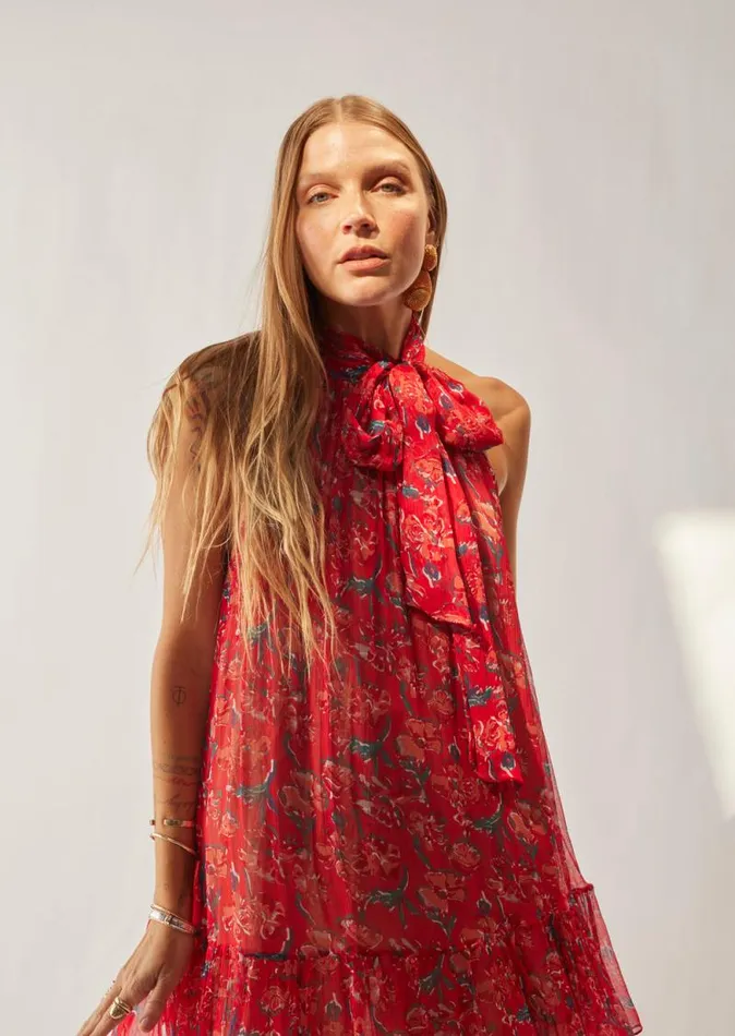 Dresses Shop Natalie Martin INDIANA MAXI Chiffon Watercolor Vermillion