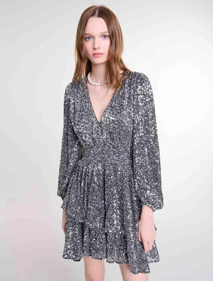 Dresses Women Maje Short Ruffled Sequinned Dress Silver
