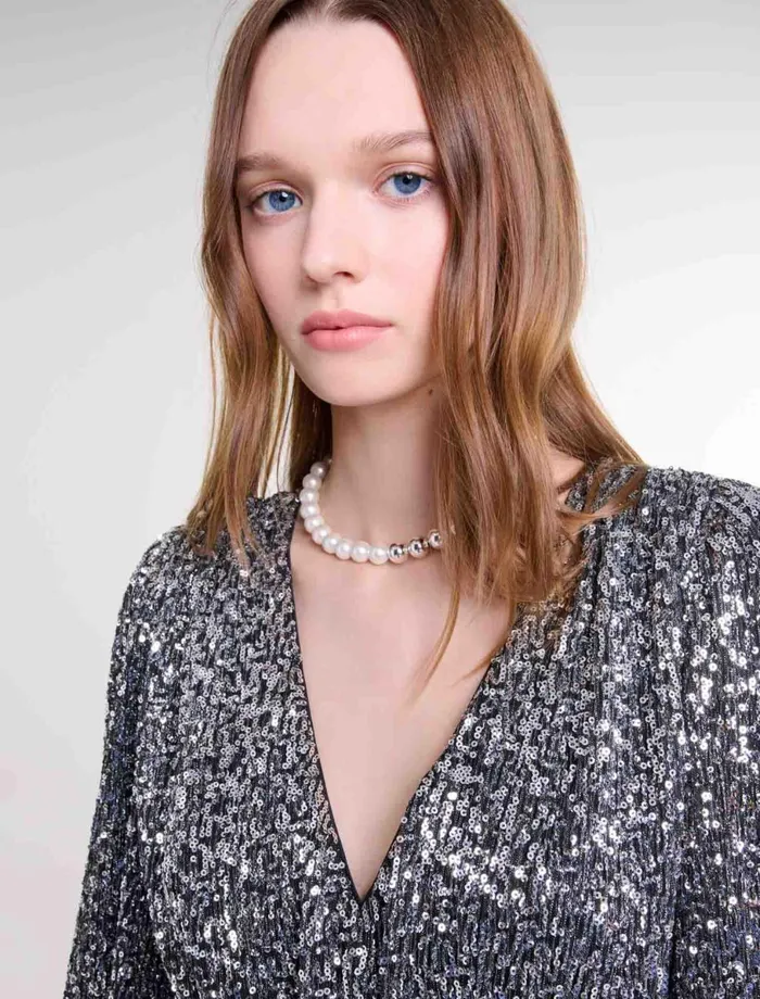 Dresses Women Maje Short Ruffled Sequinned Dress Silver