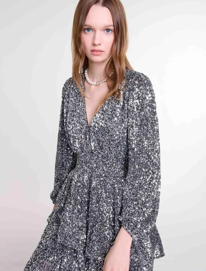 Dresses Women Maje Short Ruffled Sequinned Dress Silver