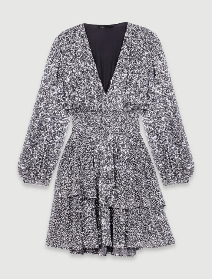 Dresses Women Maje Short Ruffled Sequinned Dress Silver