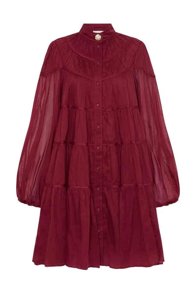 Erika Ruched Tier Mini Dress Mahogany Red Women Aje Mini Dresses