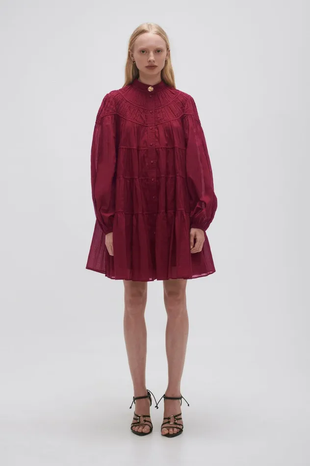 Erika Ruched Tier Mini Dress Mahogany Red Women Aje Mini Dresses