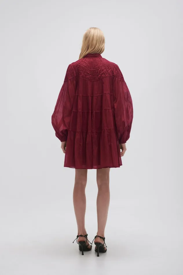Erika Ruched Tier Mini Dress Mahogany Red Women Aje Mini Dresses