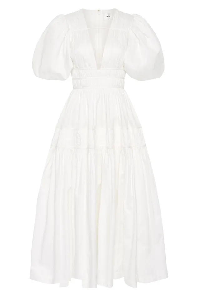 Fallingwater Ruched Midi Dress Ivory Women Aje White Dresses