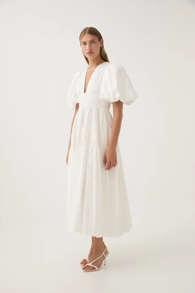 Fallingwater Ruched Midi Dress Ivory Women Aje White Dresses