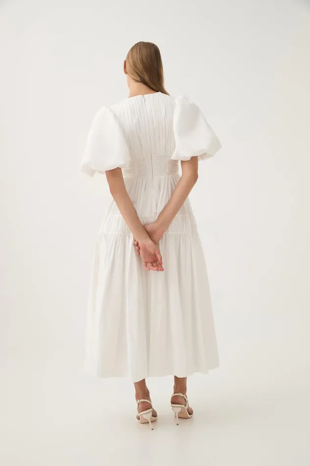 Fallingwater Ruched Midi Dress Ivory Women Aje White Dresses