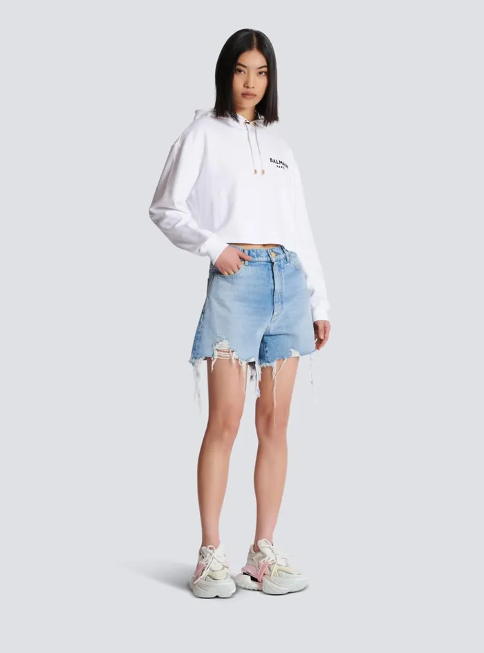 Flocked Paris Hoodie White Women Balmain Sweatshirts