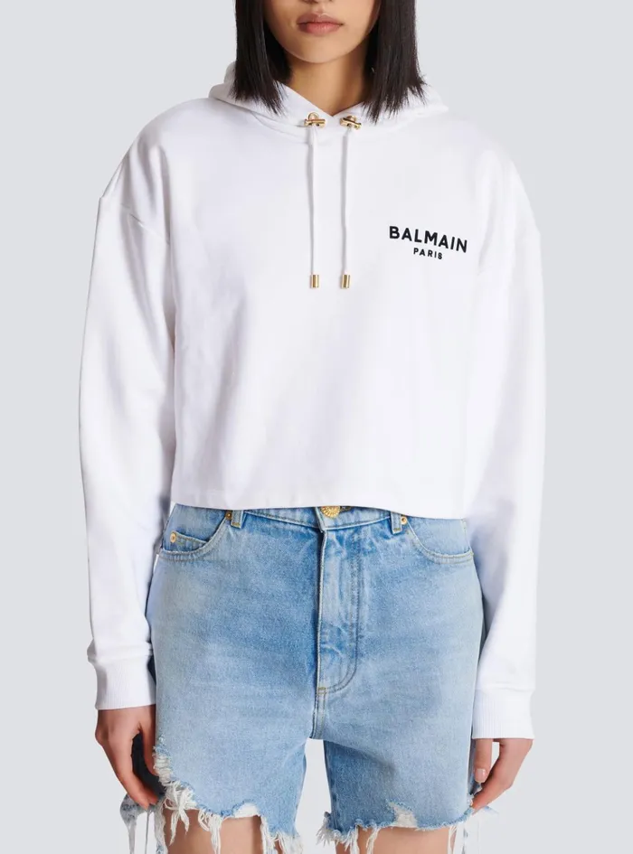 Flocked Paris Hoodie White Women Balmain Sweatshirts