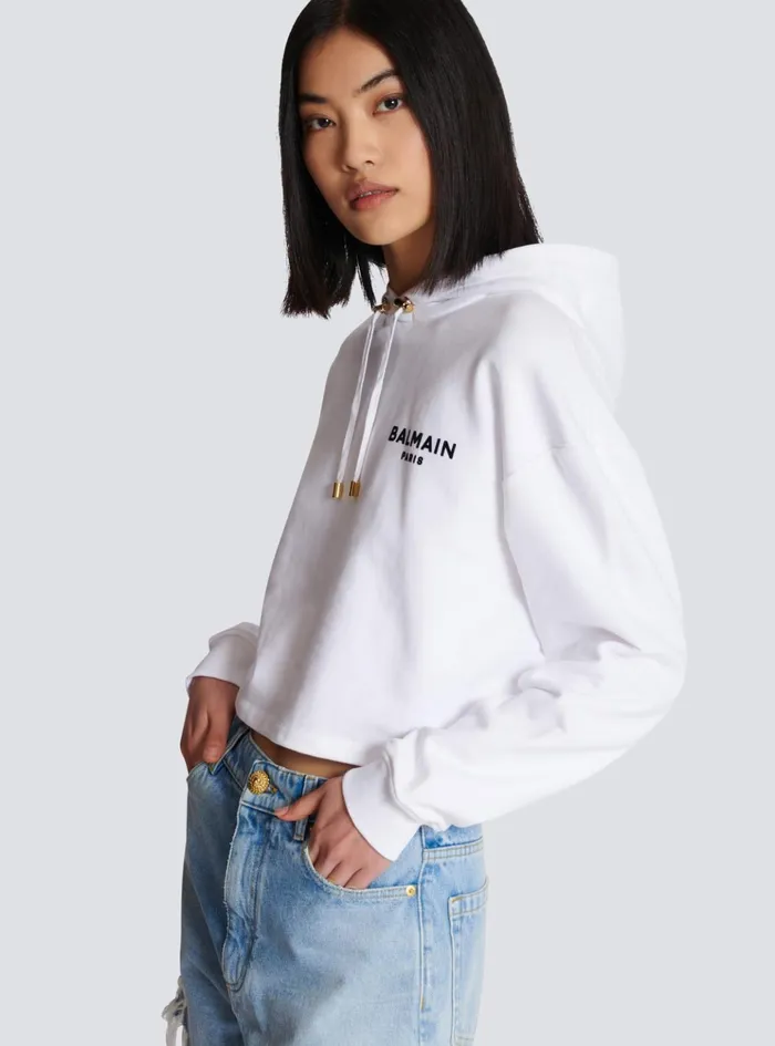 Flocked Paris Hoodie White Women Balmain Sweatshirts
