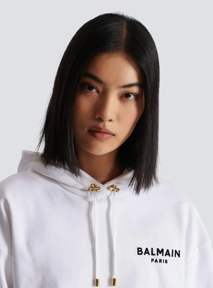 Flocked Paris Hoodie White Women Balmain Sweatshirts