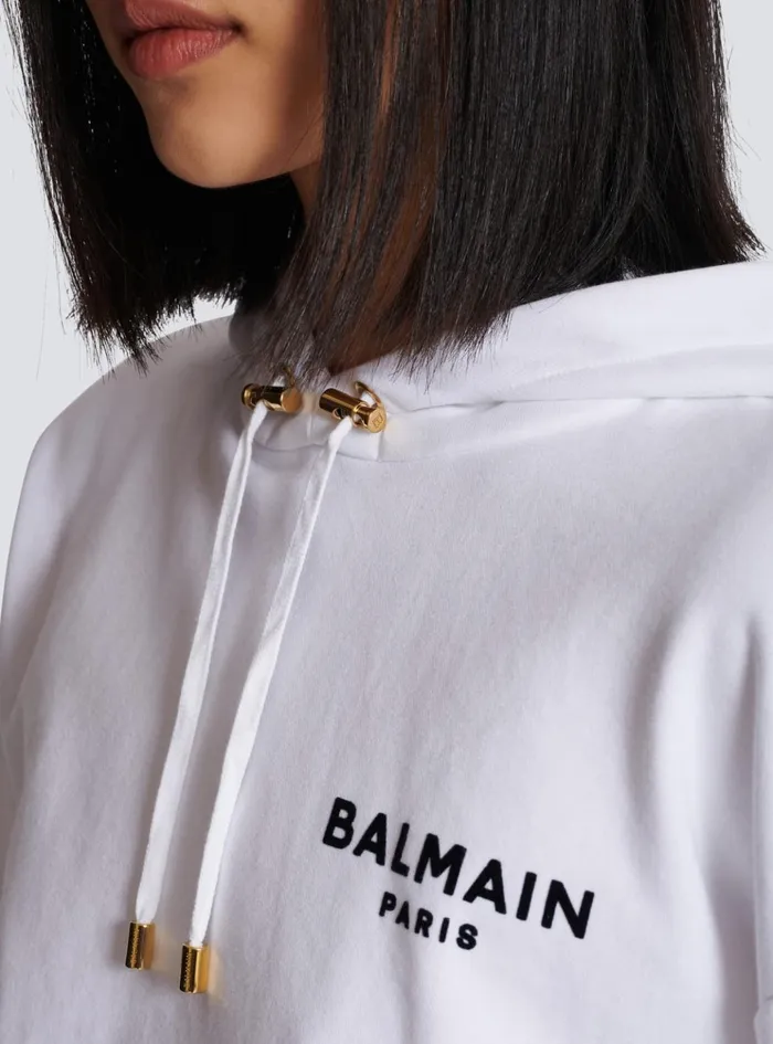 Flocked Paris Hoodie White Women Balmain Sweatshirts