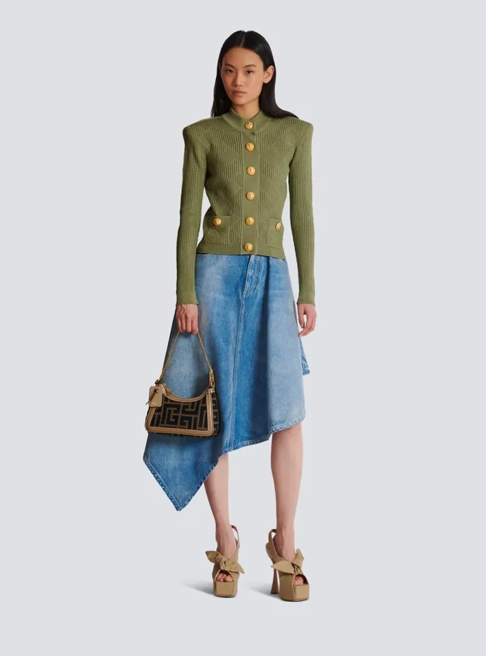 Gingham Openwork Knit Cardigan Green Women Balmain Knitwear