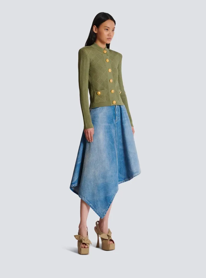 Gingham Openwork Knit Cardigan Green Women Balmain Knitwear