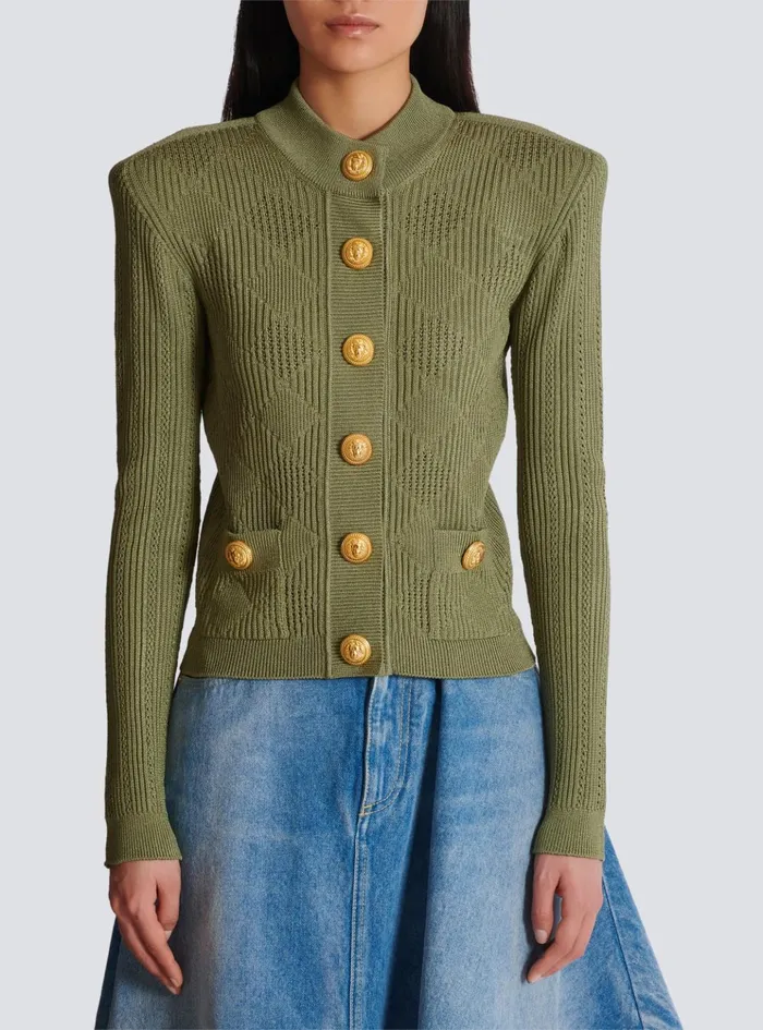 Gingham Openwork Knit Cardigan Green Women Balmain Knitwear