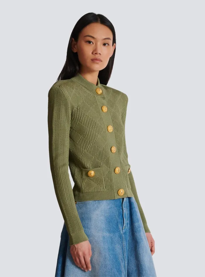 Gingham Openwork Knit Cardigan Green Women Balmain Knitwear