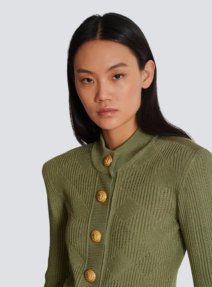 Gingham Openwork Knit Cardigan Green Women Balmain Knitwear