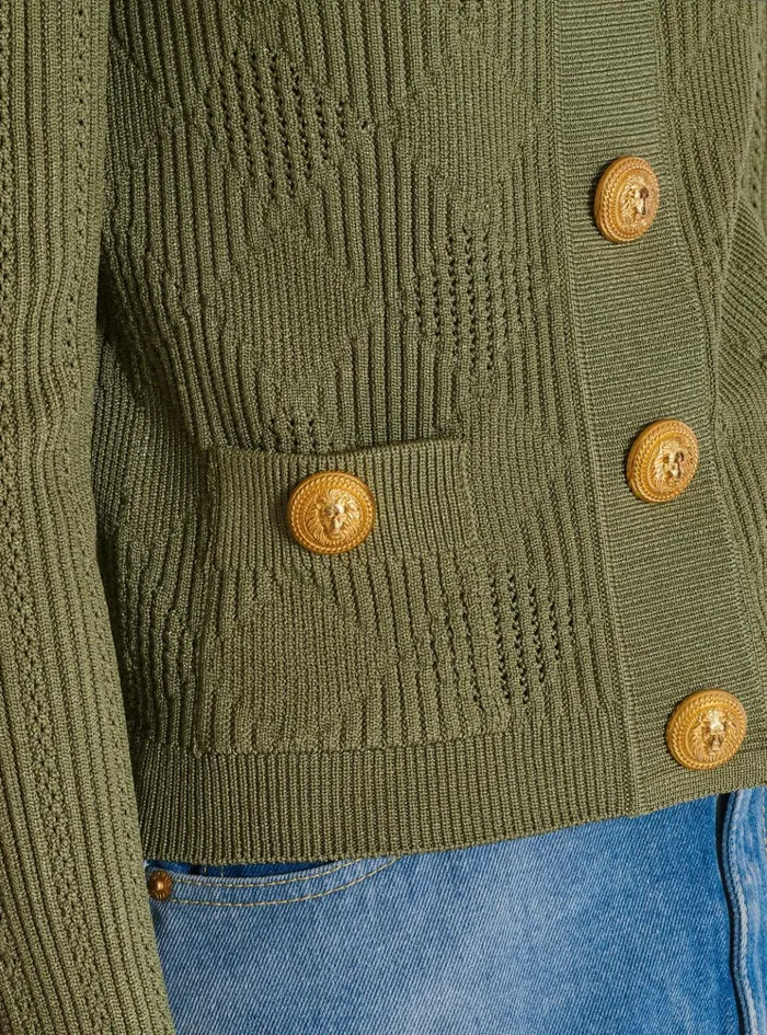 Gingham Openwork Knit Cardigan Green Women Balmain Knitwear