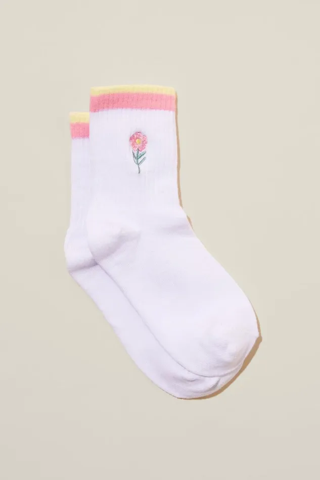Girls 214Boys 214 Socks and Tights Cotton On Single Pack Crew Socks White Floralstripe Welt