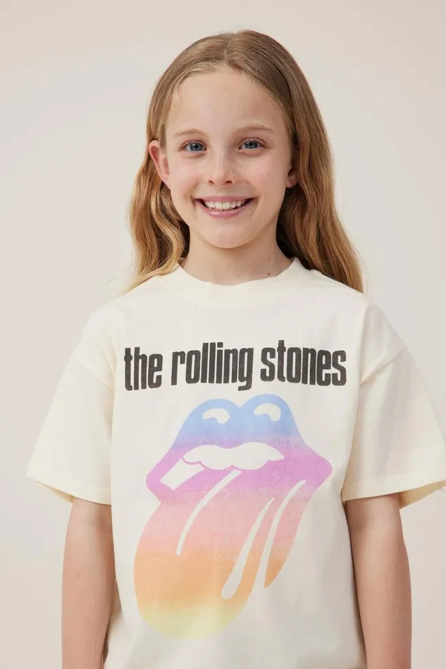 Girls 214 Tops and TShirts Cotton On License Drop Shoulder Short Sleeve Tee Lcn Bra Rolling Stonesdark Vanilla