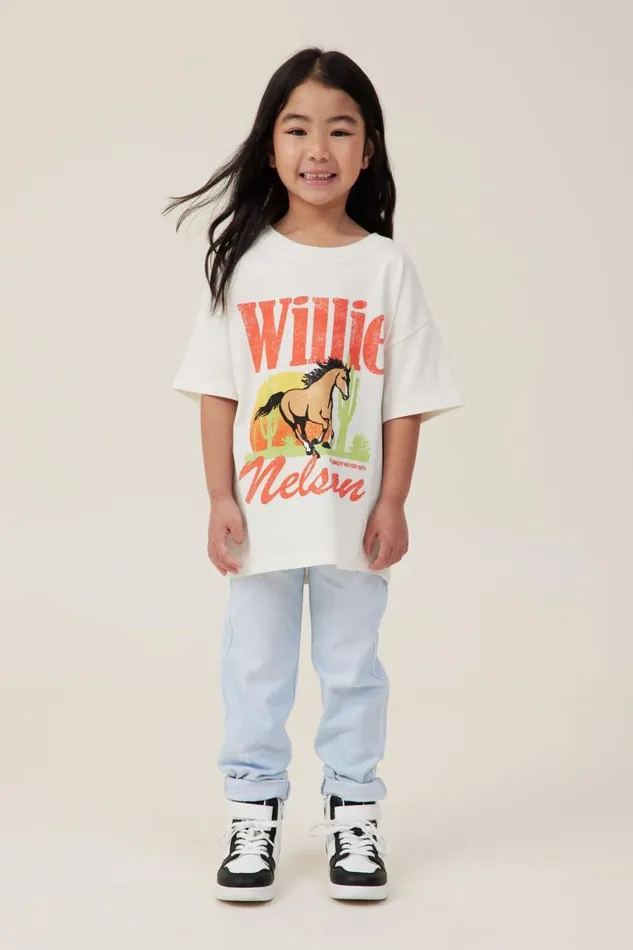 Girls 214 Tops and TShirts Cotton On License Drop Shoulder Short Sleeve Tee Lcn Bra Willie Nelsondark Vanilla